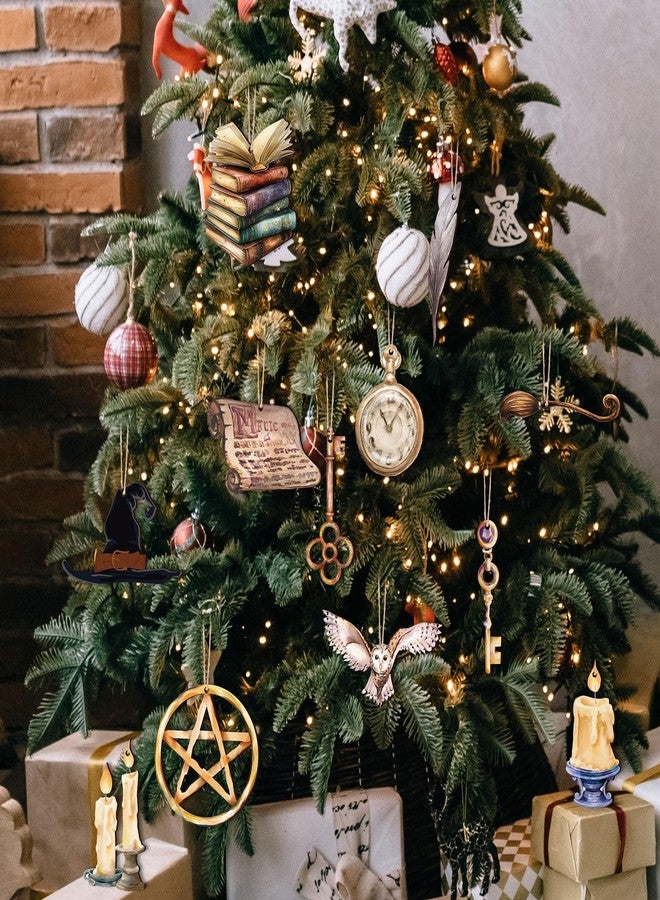 Suncalla 12 Pcs Wizard Christmas Tree Ornaments Wooden Magical Christmas Tree Hanging Ornaments Vintage Owl Hat Book Key Craft Decorations for Xmas Halloween Home Party Supplies - Image 1